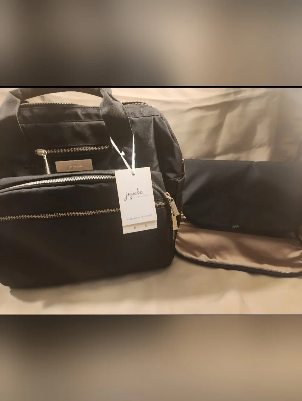Jujube BFF Queen of the Nile Diaper Bag Black With Gold Mate Hardware.